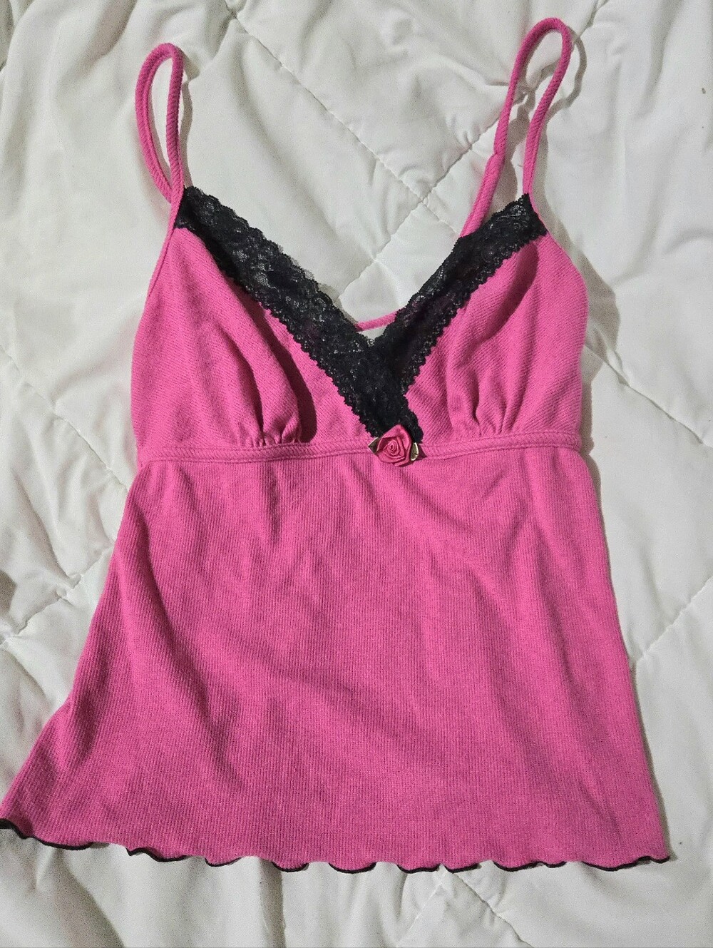 Vintage Y2k Hot Pink Camisole with Black Lace Trim Delicates Adj Straps Small